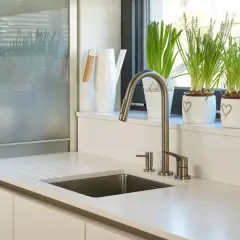 Nowoczesny parapet w kuchni inspiracje: biała konewka, doniczki z sercami i zielone rośliny tworzą przytulną atmosferę.