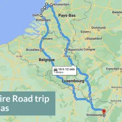 Carte d'un road trip en camping-car aux Pays-Bas, traversant la Belgique et le Luxembourg. L'itinéraire de 1364 km dure 16h12.