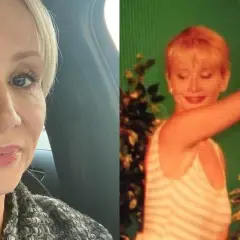 Ewa Gawryluk w młodości, uśmiechnięta, z podniesioną ręką na tle zieleni. Obok jej aktualne zdjęcie.