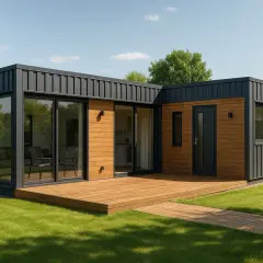 Nowoczesny dom z kontenerów 100m2. Cena przystępna, idealny dla rodziny. Drewniany taras i duże okna.