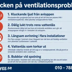 Tecken på ventilationsproblem: kluckande ljud, dålig lukt, långsam avrinning, torra vattenlås och bubblor vid spolning. Problem med avluftning avlopp kan orsaka detta.