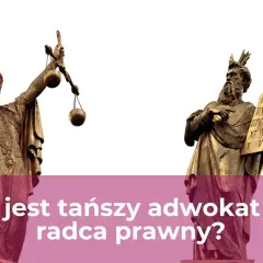 Dwie rzeźby symbolizujące prawo: Temida z wagą i mieczem oraz Mojżesz z tablicami. Pytanie: kto tańszy adwokat czy radca prawny?