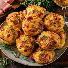 Savoureux muffins lardons oignons, dorés et garnis de thym frais, prêts à être dégustés avec un verre de vin.