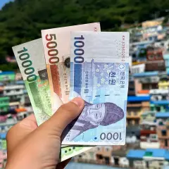 Dłoń trzyma banknoty wonów, pokazując korea południowa ceny. W tle kolorowe domy na wzgórzu.