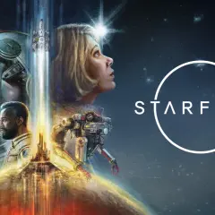 Visuel de Starfield : un astronaute, une femme regardant vers le ciel, un robot et un vaisseau spatial s'élèvent d'une planète.
