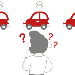 Zastanawiasz się nad zdawalnością prawa jazdy? Trzy czerwone samochody z procentami (50%, 65%, 88%) i znaki zapytania nad głową sugerują trudny wybór.
