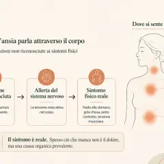 L'ansia somatizzata allo stomaco si manifesta con nodo, gola chiusa, petto contratto. Il sintomo è reale, ma la causa è spesso emotiva.