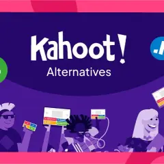 Quiz-Spaß mit kahoot Alternativen kostenlos! Mehrere bunte Quiz-Karten und Tablets werden von fröhlichen Menschen gehalten.
