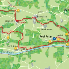 Carte de randonnée de Poul Fetan, avec un itinéraire balisé en rouge traversant des lieux-dits, des moulins et le Blavet.