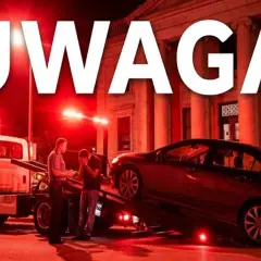 Policjant rozmawia ze zrozpaczonym kierowcą, gdy jego samochód jest ładowany na lawetę. Konfiskata samochodu w nocy, oświetlona czerwonymi światłami.