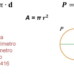 Fórmulas para calcular el perímetro de un círculo (P) y su área (A). Se muestra un círculo con radio (r) y diámetro (d).