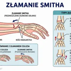 Ilustracja przedstawia złamanie nasady bliższej kości łokciowej, zwane złamaniem Smitha, z przemieszczeniem odłamu w kierunku dłoniowym.