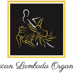 Para tańczy lambadę, ich ruchy tworzą dynamiczny wzór. Logo "Kaoma La Lambada Tekst" oddaje energię tańca.