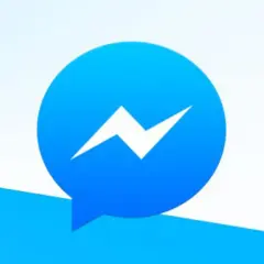 Niebieska ikona Messengera z białym błyskawicą. Idealne miejsce na gry na Messengerze i rozmowy.