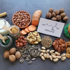 Fonti di metionina: fagioli, patate dolci, noci, mandorle, pistacchi, semi di girasole, anacardi, nocciole, latte, uovo, spirulina e la sua formula chimica.