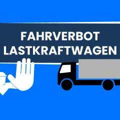 Fahrverbot für Lastkraftwagen. Ein Stoppschild mit einer Hand und einem LKW symbolisieren das Fahrverbot an Karfreitag.