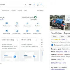 Wyniki wyszukiwania Google dla "Top Online - Agencja SEO Wrocław". Widoczny panel zarządzania firmą, opcje edycji profilu, dodawania ofert i zarządzania rezerwacjami.