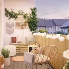 Gemütliche boho balkon ideen mit Pflanzen, Makramee und Rattanmöbeln. Ein entspannter Rückzugsort im Freien.