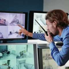 Un guardia de seguridad revisa las imágenes de una cámara de seguridad en varios monitores, comunicándose por radio.