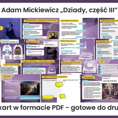 Grafika z tekstem "Adam Mickiewicz „Dziady, część III”" i elementami wizualnymi nawiązującymi do dramatu.