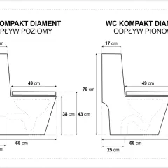 Schemat WC kompakt z odpływem poziomym i pionowym. Wymiary kluczowe dla wysokości odpływu wc kompakt.