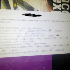 Fragment ćwiczenia z francuskiego z zaznaczonymi odpowiedziami.