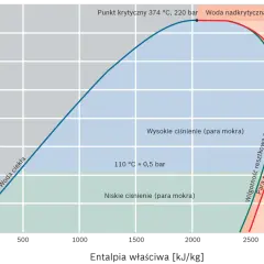 Wykres fazowy wody. Maksymalna temperatura pary wodnej osiąga punkt krytyczny 374°C przy 220 bar.