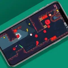 Gra na telefonie z pikselową grafiką, gdzie mały biały stworek walczy z czerwonymi potworami. To zapowiada fajne gry mobilne!