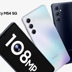 Galaxy M54 5G z aparatem 108 MP. Trzy telefony Samsung w różnych kolorach.