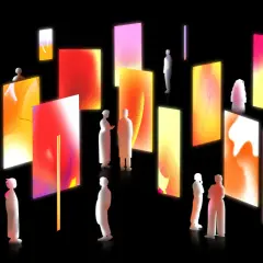 Silhouetted figures explore a gallery of vibrant, glowing digital art, showcasing contemporary art trends with abstract gradients and light.