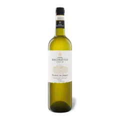 Flasche hellgrünen Weins, "Vernaccia di San Gimignano" von Podere Macinatico, ein toskanischer Wein aus Italien.