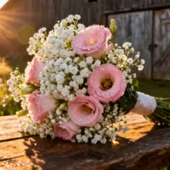 Eustoma bukiet z kroplami rosy na drewnianym stole, w tle stodoła i zachodzące słońce.