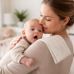Mamma abbraccia il suo bimbo, che ha un piccolo singhiozzo dopo poppata. La culla e un orsetto sullo sfondo.