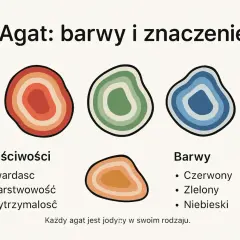 Ilustracja przedstawia kolorowe agaty, podkreślając ich właściwości: twardość, warstwowość i wytrzymałość. Agat biały, choć nie pokazany, również posiada te cechy.