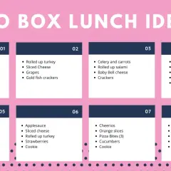 Eight bento box template ideas with food suggestions like strawberries, cheese, crackers, and yogurt.