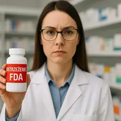 Farmaceutka w okularach trzyma białą buteleczkę z napisem "OSTRZEŻENIE FDA". Tiane sal.