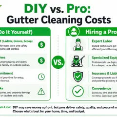 Infographic comparing DIY vs. Pro gutter cleaning costs, covering equipment, disposal, time, safety, labor, and convenience. Learn how to clean gutters effectively.