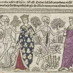 Taniec śmierci, motyw danse macabre w literaturze, ukazuje szkielety wiodące do tańca królową i damę.