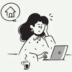 Mujer preocupada frente a un portátil, pensando en un anexo de contrato de alquiler para quitar inquilino.