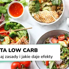 Kolorowe miski z sałatkami pełnymi warzyw i grillowanym mięsem. To idealny przykład, jak może wyglądać dieta low carb.