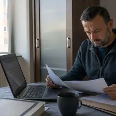 Mężczyzna pochyla się nad dokumentami, sprawdzając swoje oświadczenie o niekaralności przy laptopie.