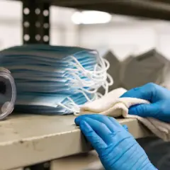 Ręce w niebieskich rękawiczkach czyszczą półkę z maskami i okularami ochronnymi. Dbałość o higienę jest kluczowa, by zapobiegać chorobom, takim jak hantavirus.