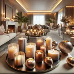Elegancki salon pełen świec. Wiele białych i kremowych świec tworzy przytulną atmosferę. Czerwona świeca znaczenie to pasja i miłość, a tutaj dominują inne barwy.