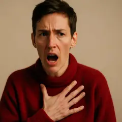Una persona con un maglione rosso urla, con la mano sul petto, come se avesse problemi respiratori o fosse in preda al panico.