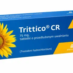 Opakowanie leku Trittico CR 75 mg, stosowanego na bezsenność i depresję, z motywem słonecznika.