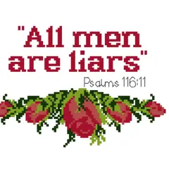 Alle Menschen sind Lügner", steht in roten Pixeln geschrieben, darunter Rosen und die Bibelstelle Psalm 116:11.