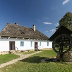 Skansen Sanok: tradycyjna chata i studnia. Idealne miejsce na letnie imprezy i spacery po historii.