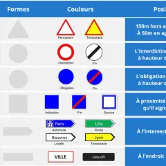 Tableau récapitulatif des panneaux de signalisation routière, incluant les types, formes, couleurs et positions. Un panneau moto est représenté.