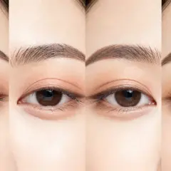 Quattro occhi mostrano i passaggi di un tutorial trucco occhi: prima, con ombretto leggero, con eyeliner e infine con mascara.