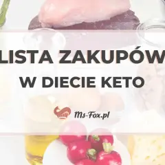 Lista produktów keto: szparagi, kurczak, jajka, olej, rzodkiewki, ser, orzechy, płatki.